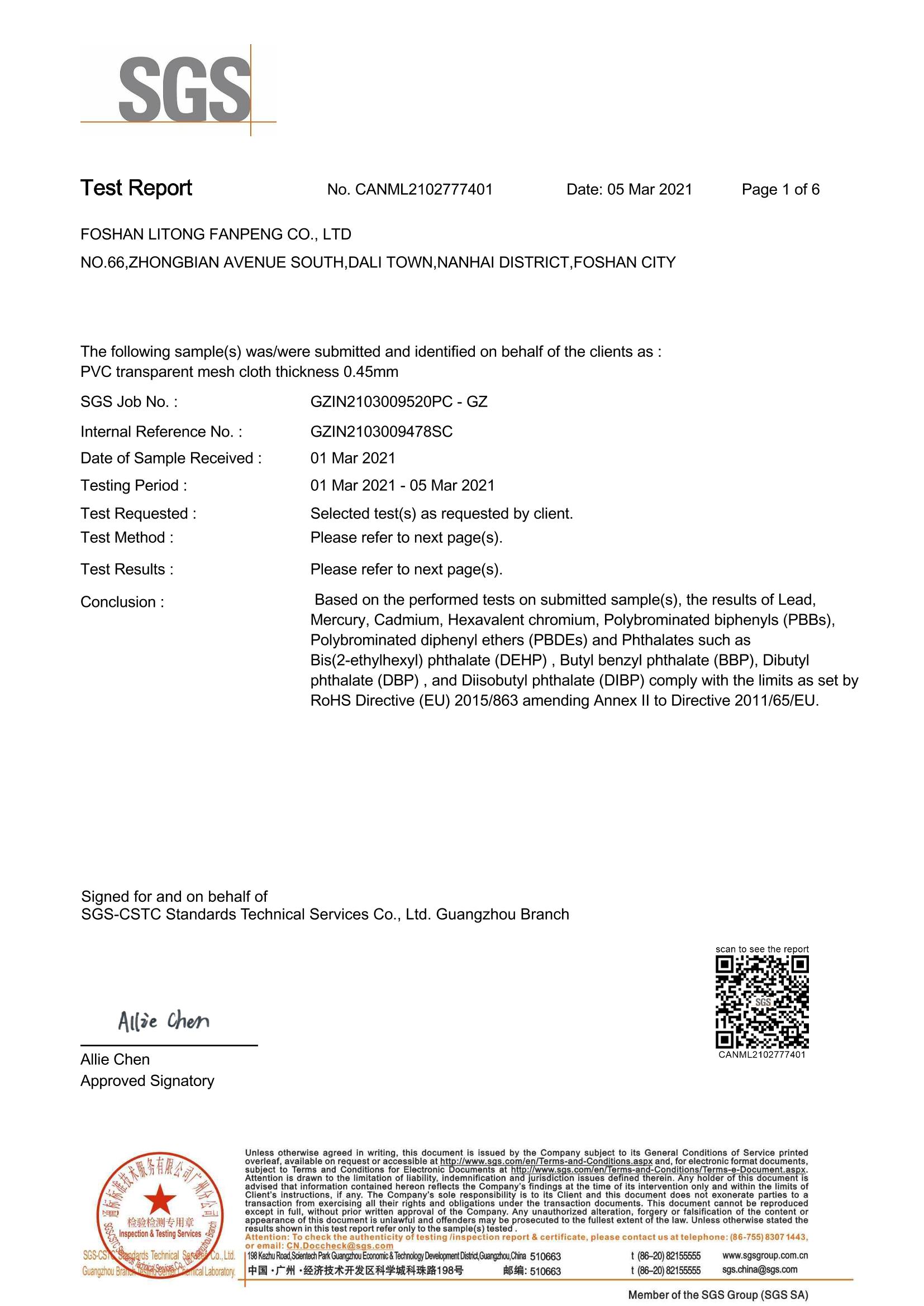 Informe de prueba RoHS de la UE para lona recubierta de PVC de 0,45 mm