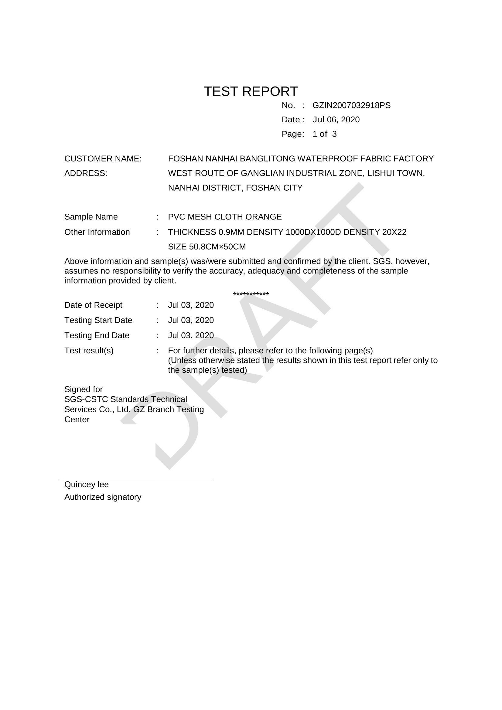 Informe de prueba de presión para lona recubierta de PVC de 0,9 mm