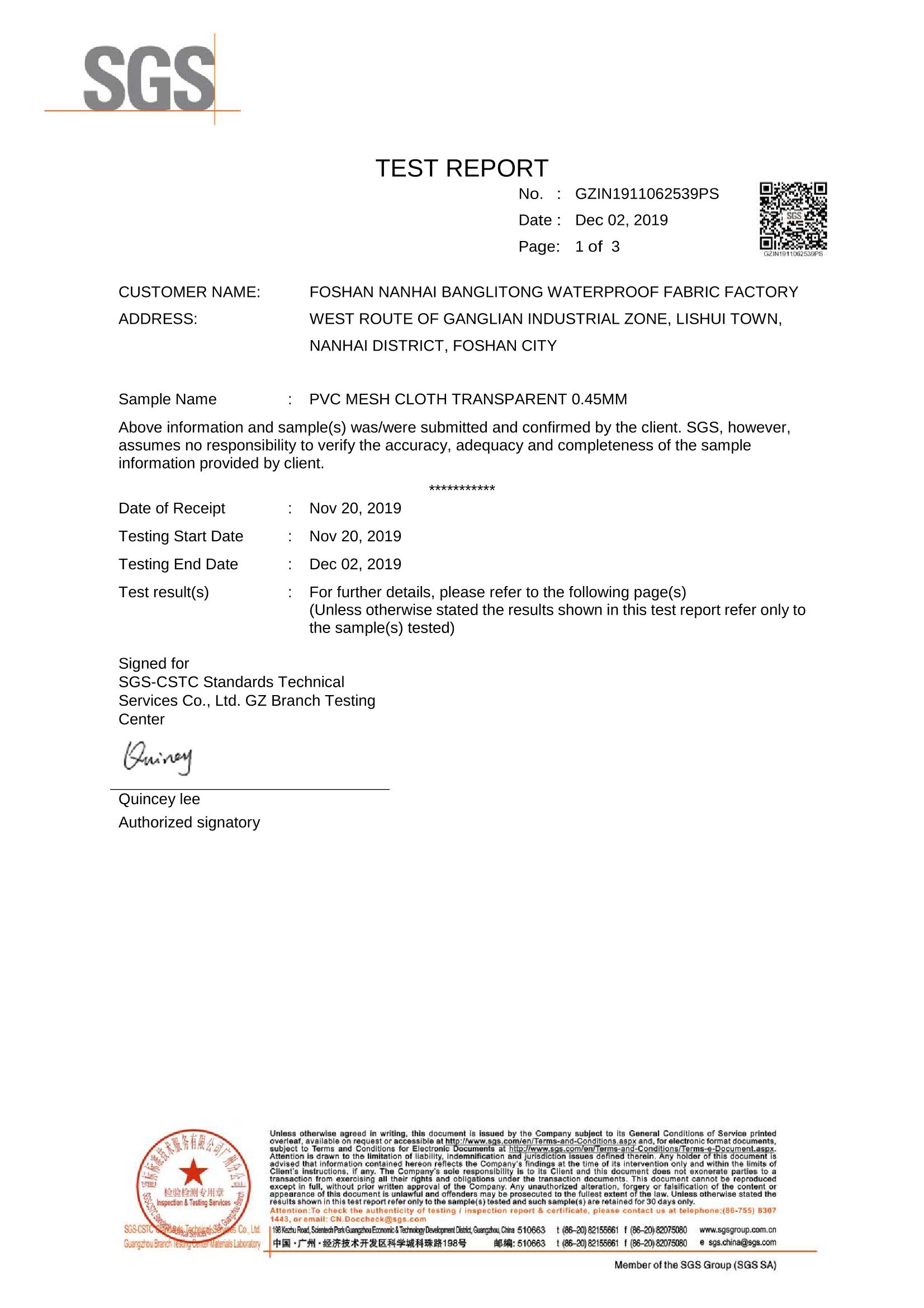 Informe de prueba de resistencia a baja temperatura para lona recubierta de PVC de 0,45 mm