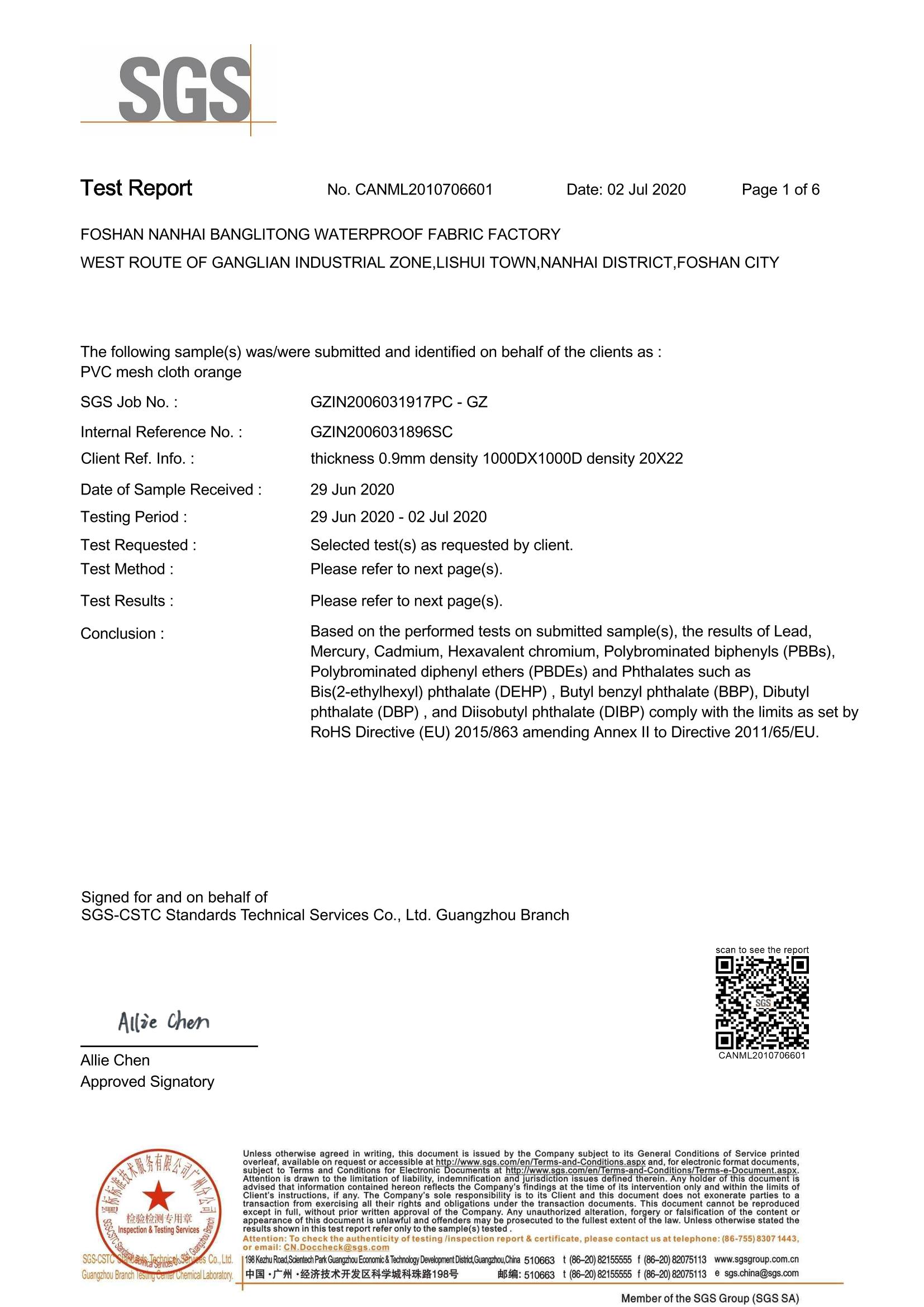 Informe de prueba ROHS para lona recubierta de PVC de 0,9 mm