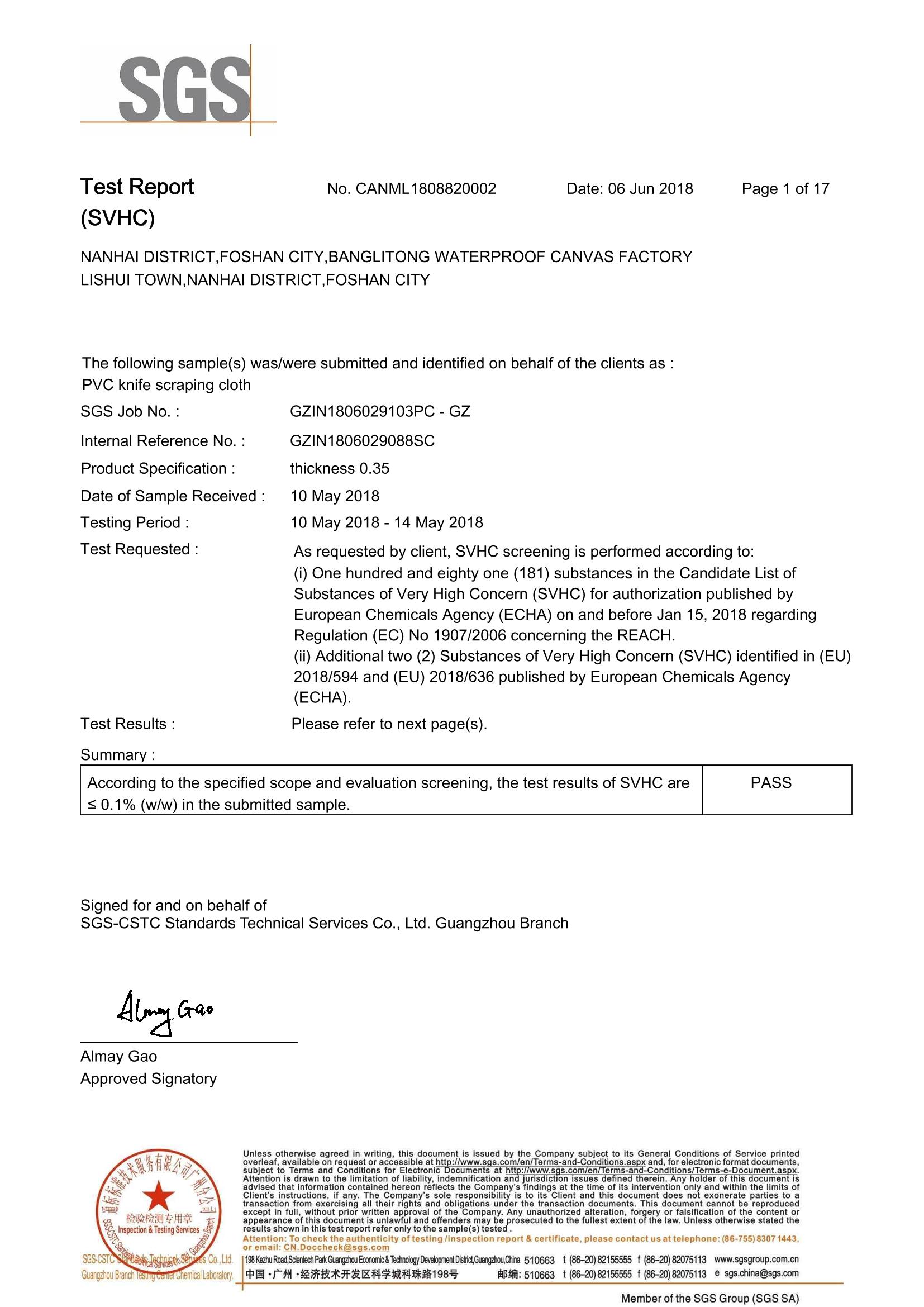 Informe de prueba SVHC para lona recubierta de cuchillo de PVC azul