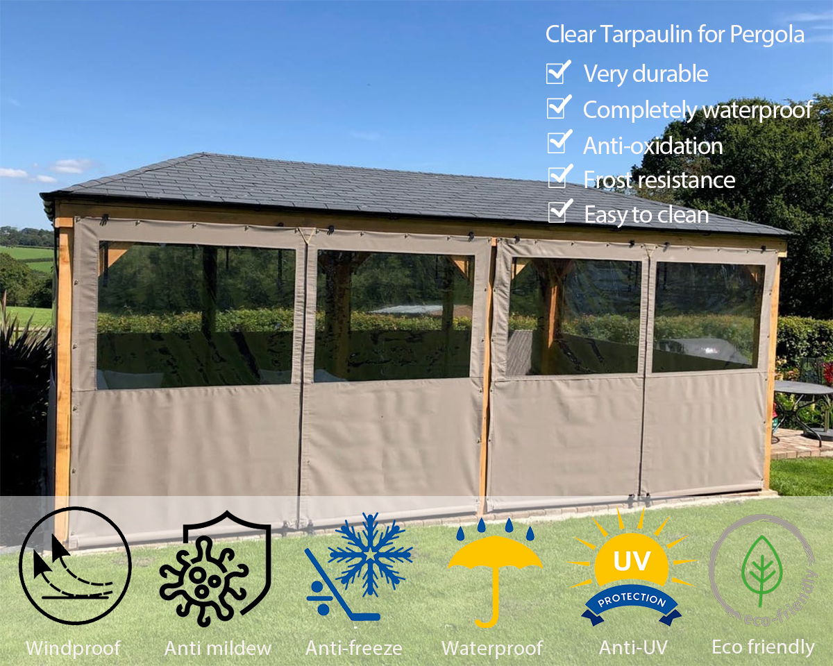  UHEKC Cortina de terraza para exteriores, lona de plástico  transparente de PVC, a prueba de polvo, impermeable, para pérgola, con  ojales antioxidantes (color transparente, tamaño: 26.2 x 9.8 ft) : Deportes