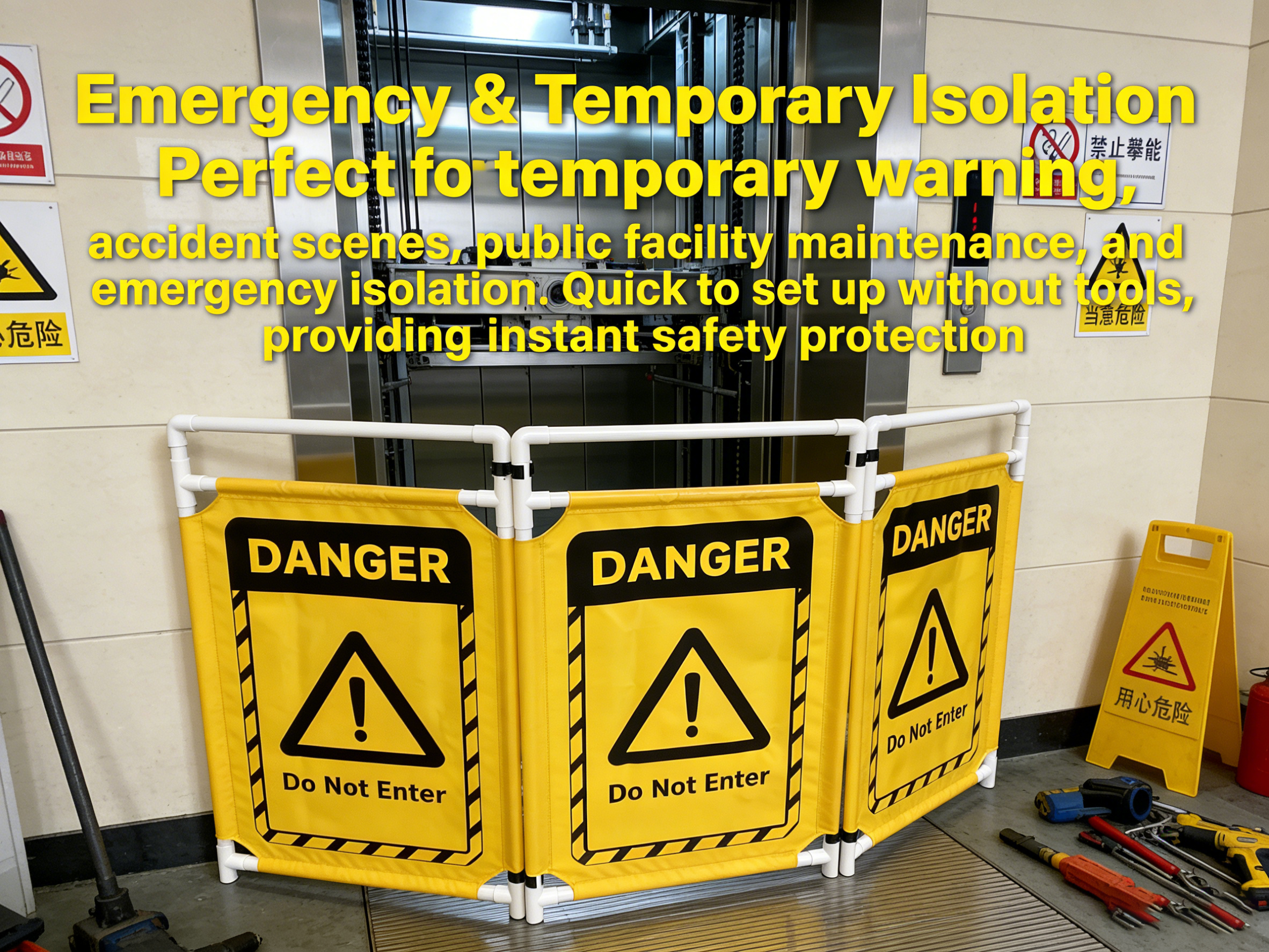 Valla de tr&aacute;fico con s&iacute;mbolo de precauci&oacute;n,Valla de tr&aacute;fico de barricada,Barricada de seguridad de 3 paneles,Puerta de obst&aacute;culos m&oacute;vil,Control de multitudes con s&iacute;mbolo de precauci&oacute;n plegable
