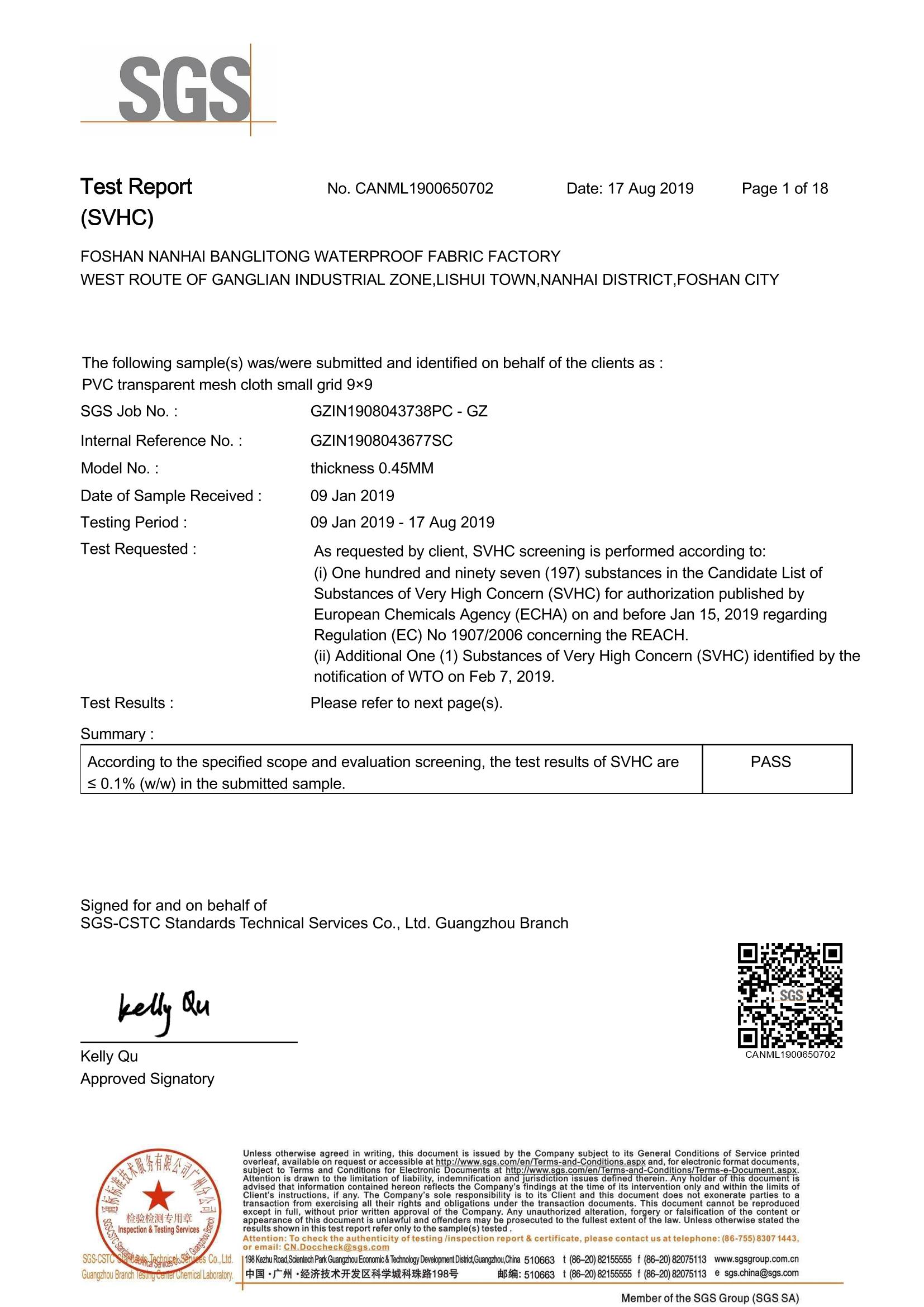 Certificados SGS para pruebas de SVHC de lona de malla recubierta de PVC transparente de 0,45 mm