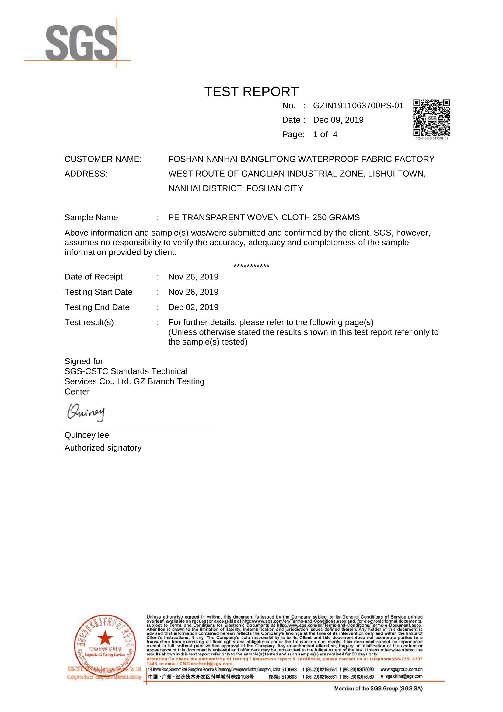 Certificado SGS para informe de prueba de resistencia al desgarro de lona de PE