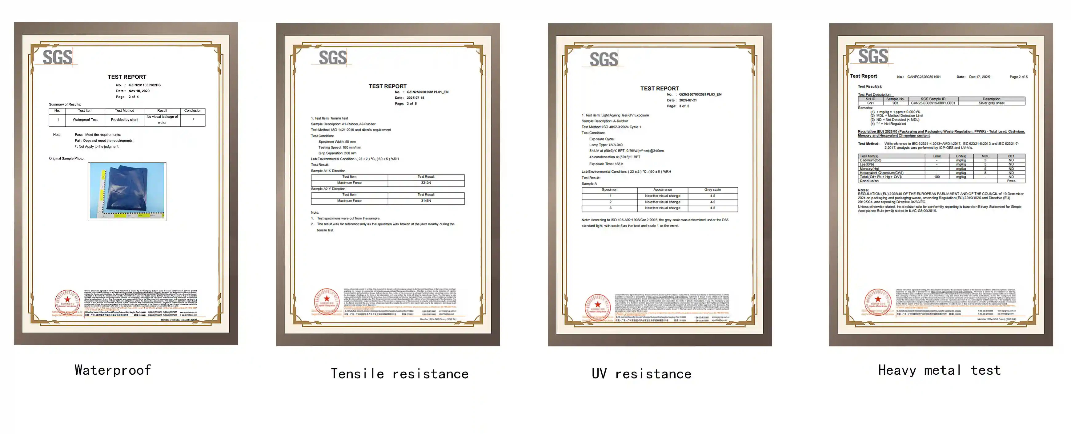Documentos de certificaci&oacute;n SGS que incluyen pruebas de impermeabilidad, tracci&oacute;n, rayos UV y metales pesados.