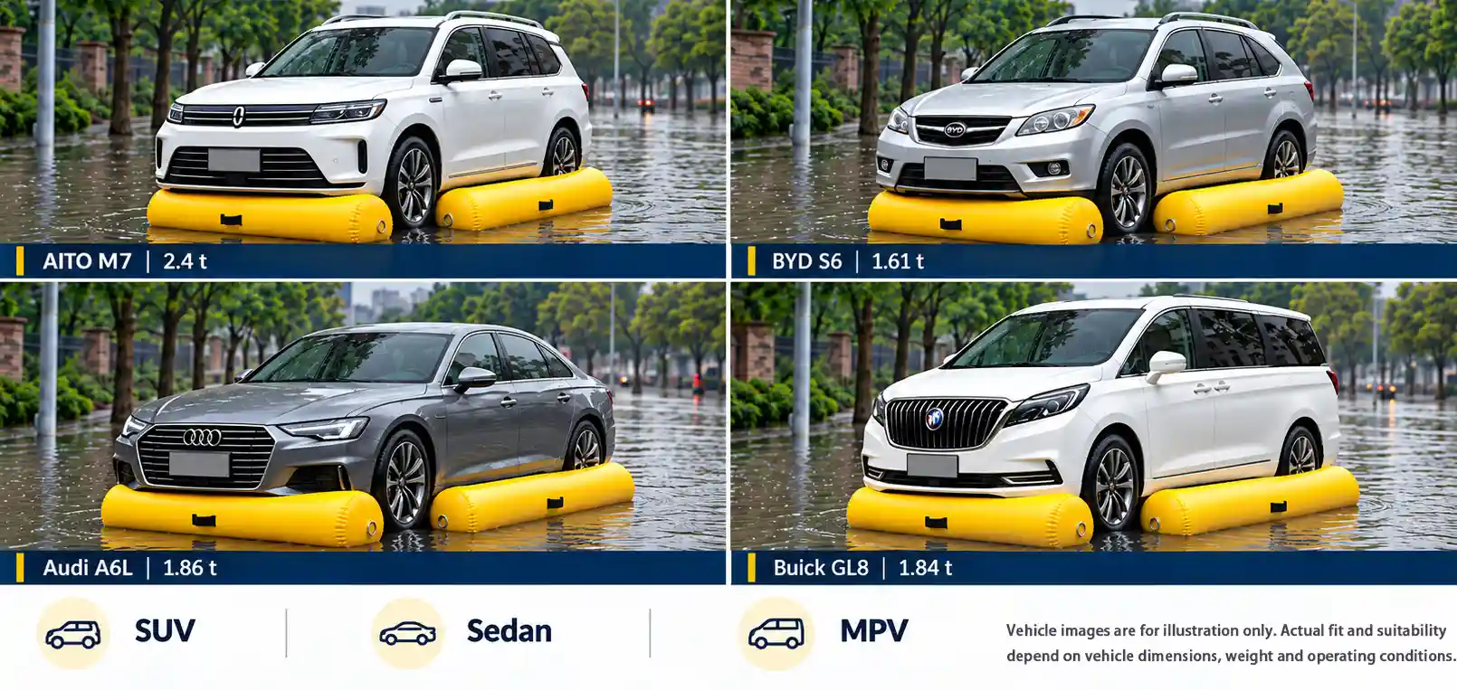 Se muestran bolsas de aire de inundaci&oacute;n de autom&oacute;vil amarillas con SUV, un sed&aacute;n y un MPV