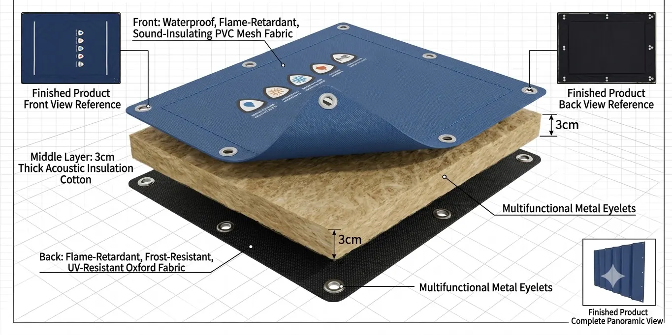 Diagrama despiezado de la estructura en capas de la cortina de barrera ac&uacute;stica contra el ruido para exteriores