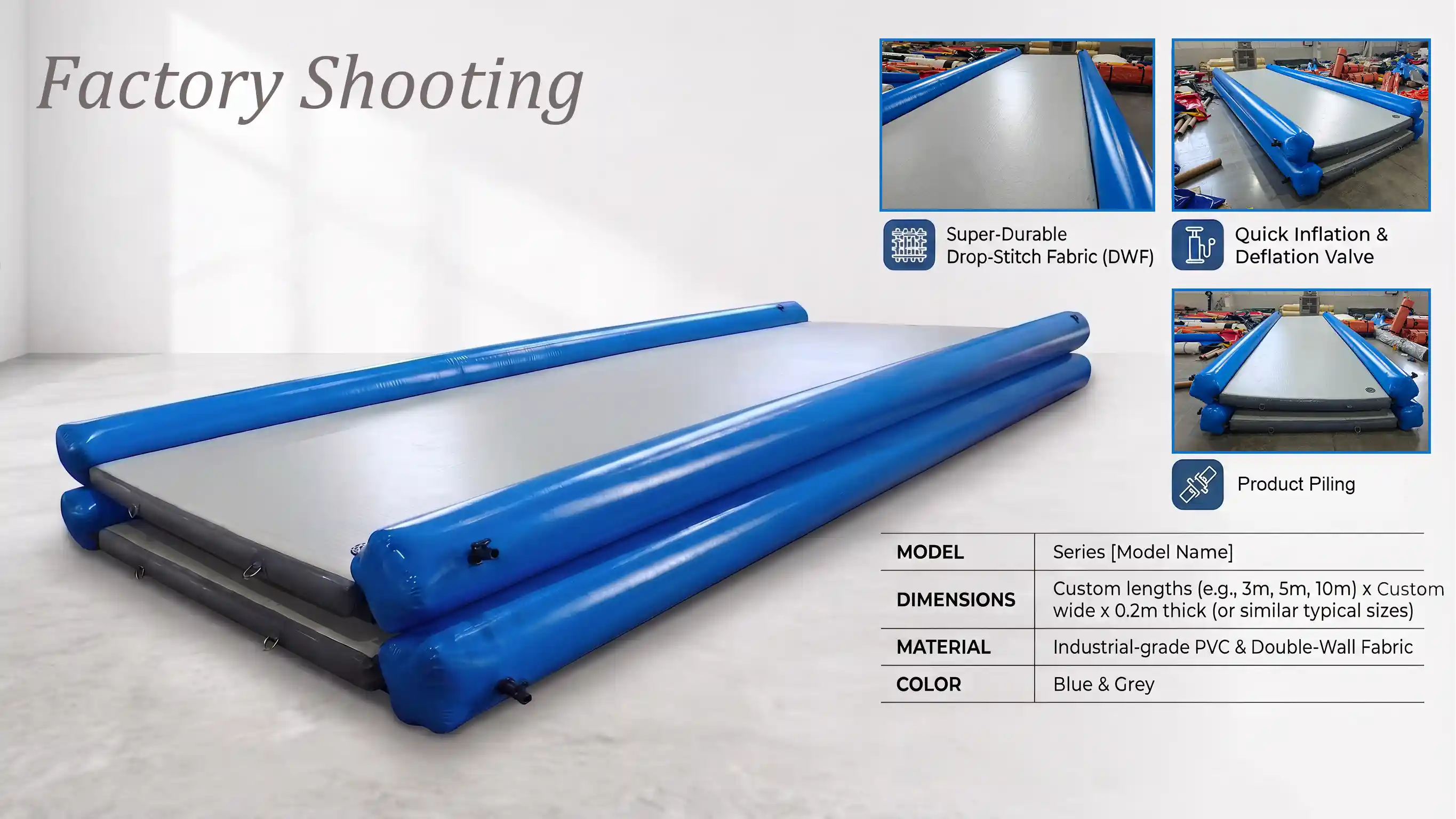 Plataforma de agua inflable Factory Real-Shot Drop-Stitch con tabla de par&aacute;metros