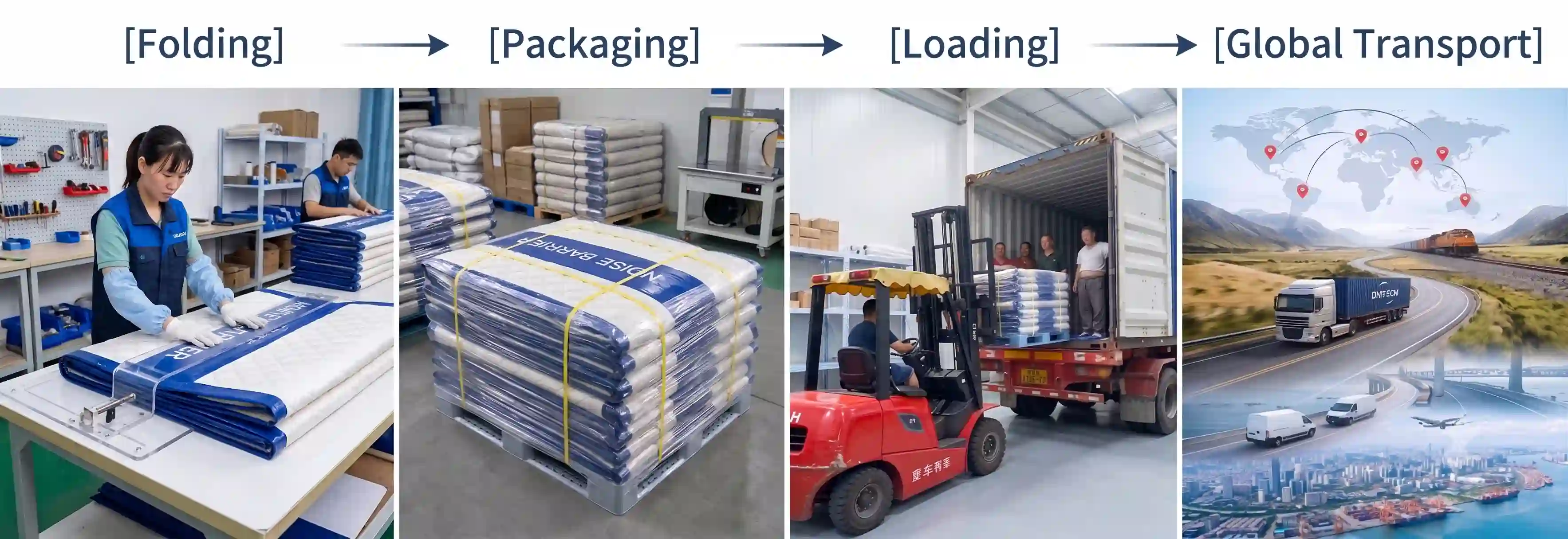 Flujo de trabajo de f&aacute;brica de embalaje, carga y entrega global de cortinas insonorizadas.