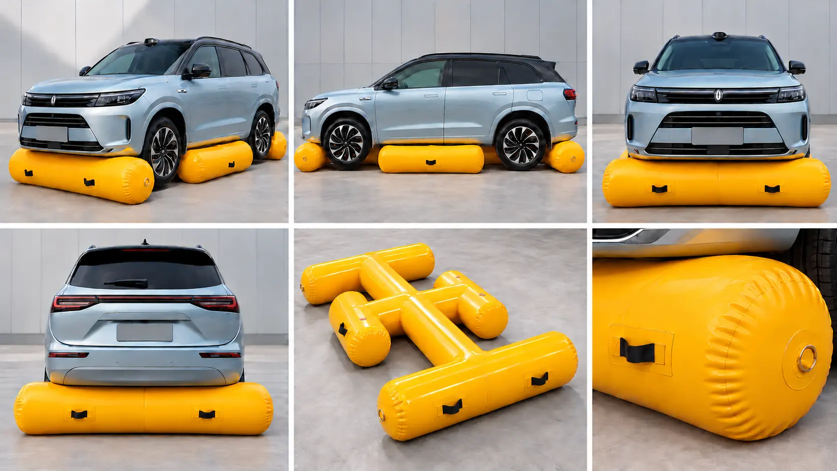 Vistas, estructura y detalles de la manija del airbag de inundaci&oacute;n del autom&oacute;vil amarillo