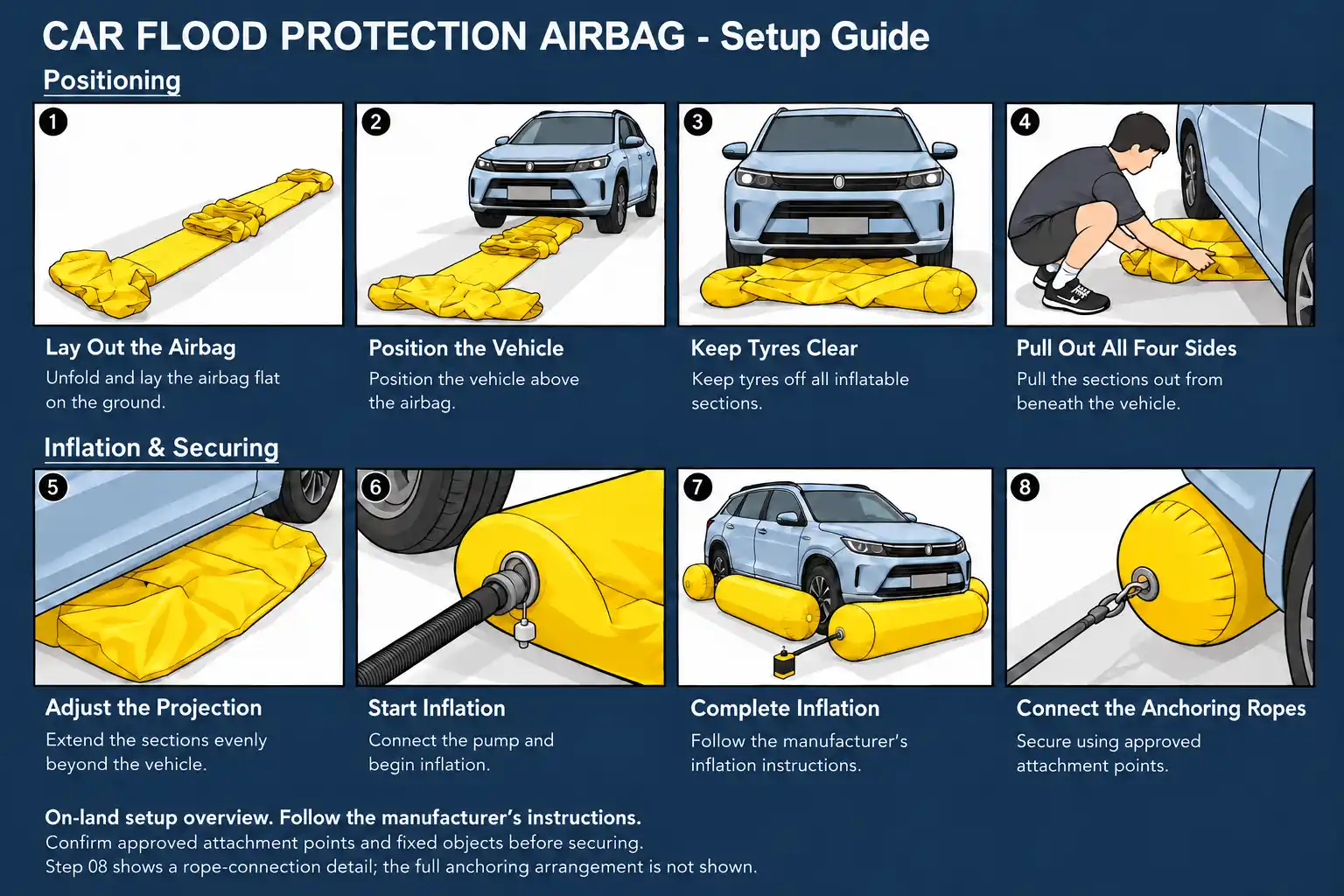 Gu&iacute;a de configuraci&oacute;n ilustrada de ocho pasos para bolsas de aire amarillas contra inundaciones para autom&oacute;viles